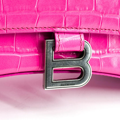Balenciaga Hourglass Top Handle Crocodile Embossed Leather, Pink, Leather, Handbag
