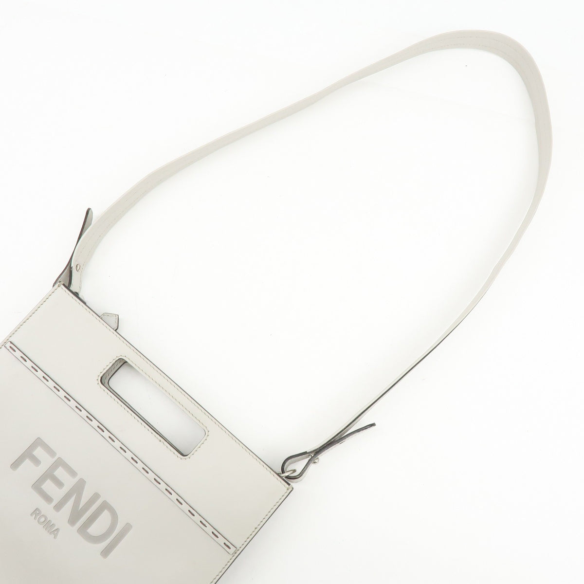 Fendi Logo Cut-Out Handle Shopper Embossed Leather, Gray, Leather, Tote Bag