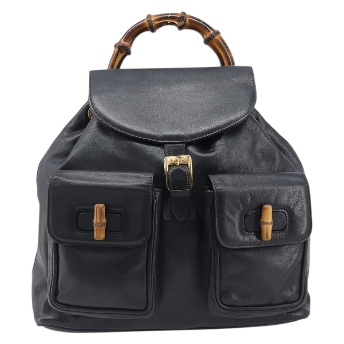 Gucci Vintage Bamboo Leather, Black, Leather, Backpack