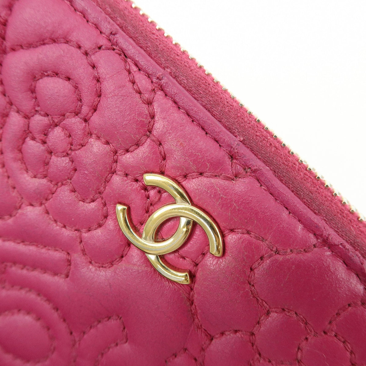 Chanel Zip Around Camellia Patent, Pink, Calfskin, Wallet