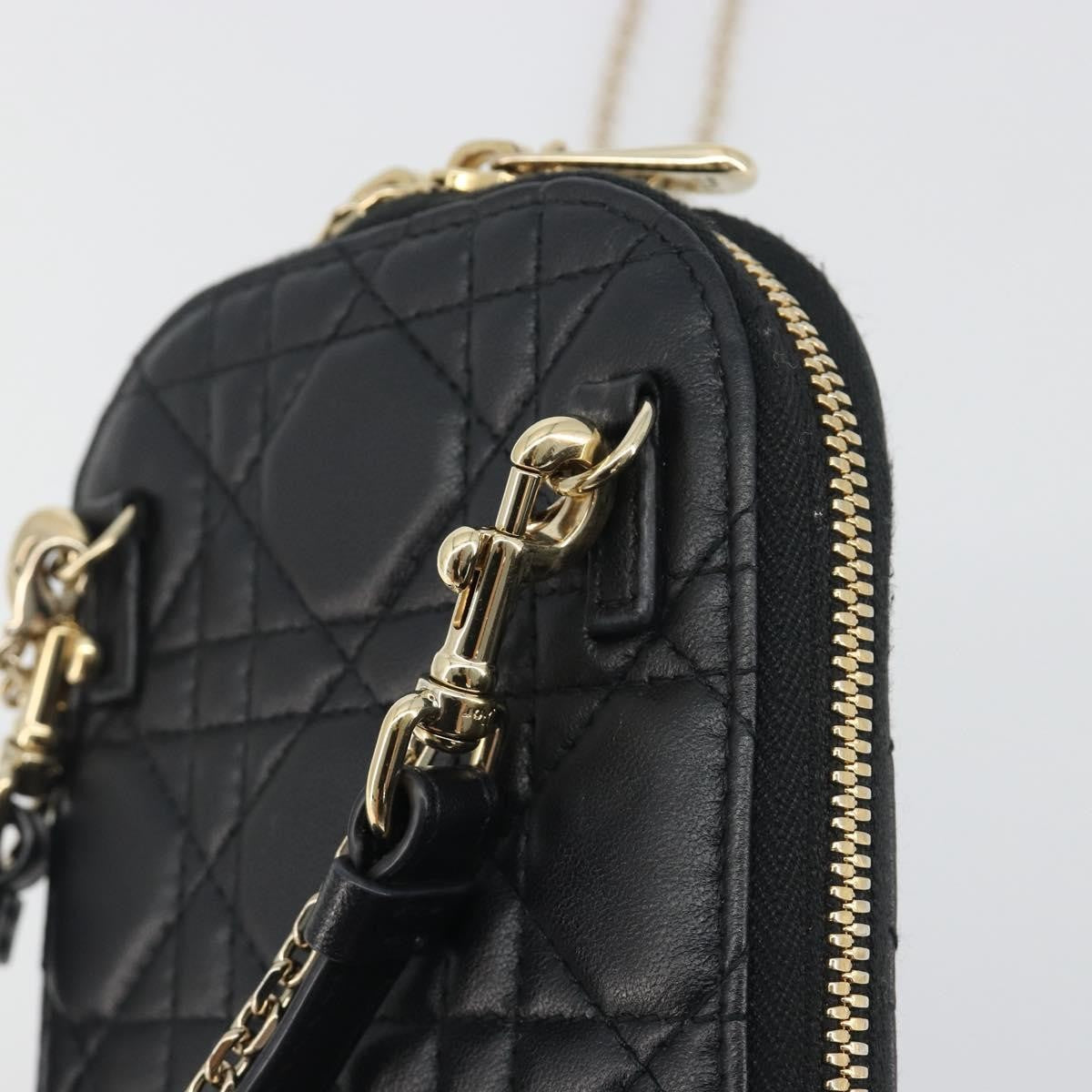 Christian Dior Lady Dior Phone Holder on Chain Cannage Quilt Lambskin, Black, Leather, Shoulder Bag