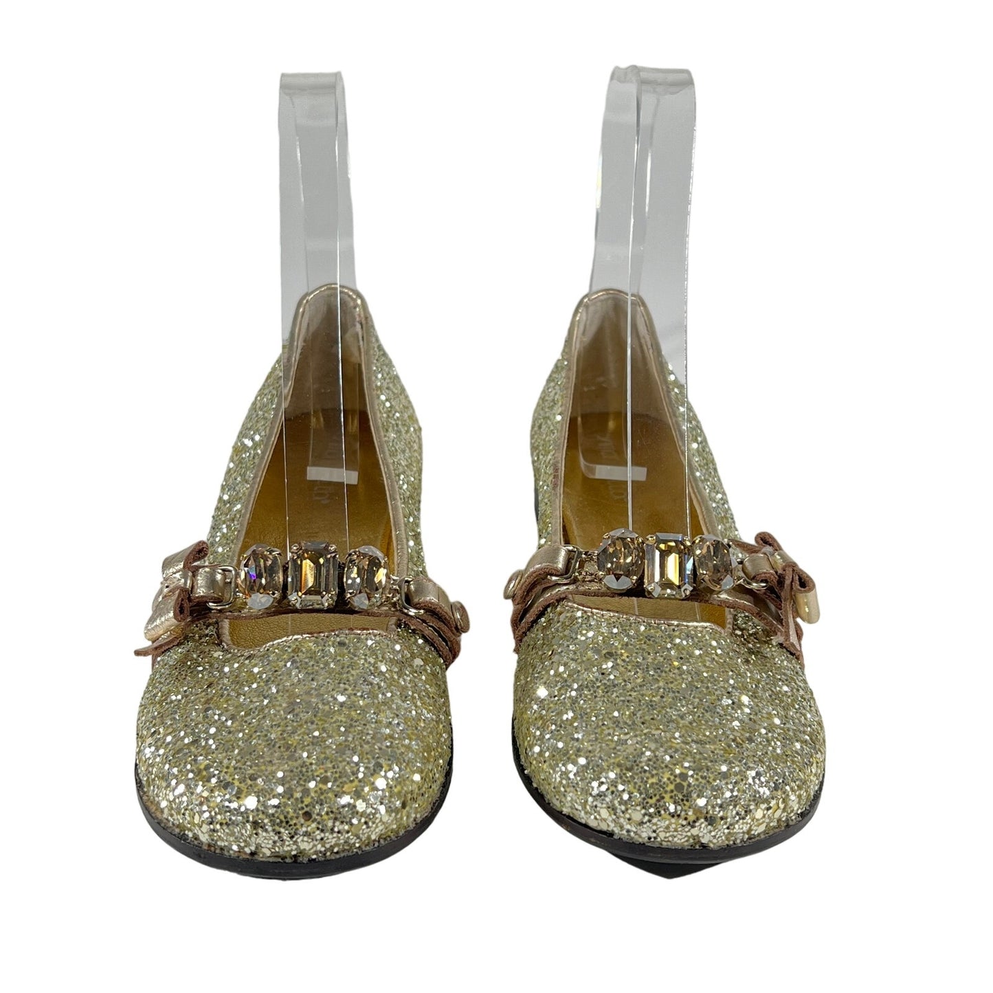 Simonetta Flat Ballet Shoes Womens 37 EU Metallic Gold Glitter Stones Bow Strap