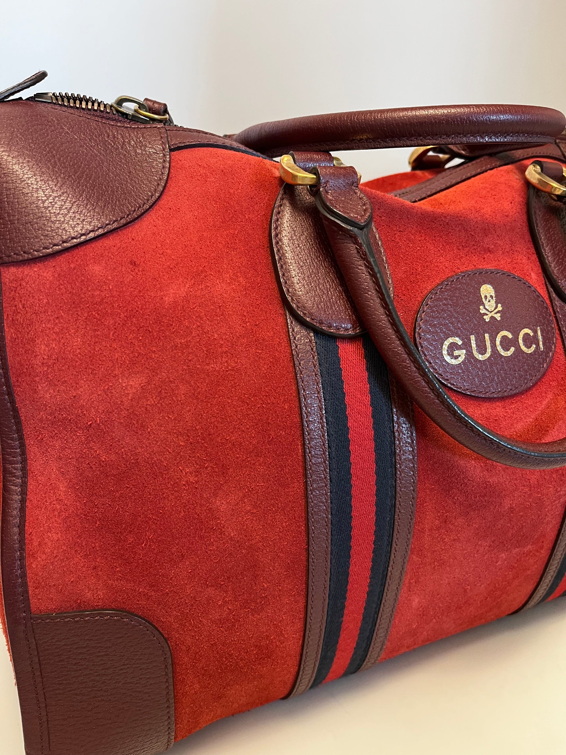 Gucci Zip Weekender GG Canvas and leather, Burgundy, Suede, Travel Bag