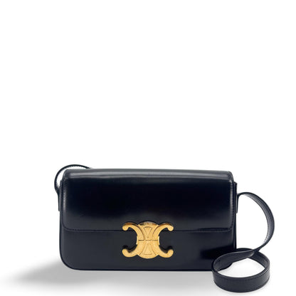 Celine Triomphe East-West Smooth Calfskin, Black, Leather, Shoulder Bag