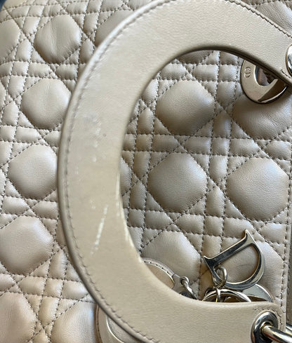 Christian Dior Lady Dior Cannage Quilt Lambskin, Beige, Leather, Handbag