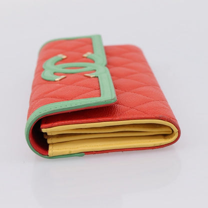 Chanel Filigree Flap Quilted Caviar, Red, Leather, Wallet