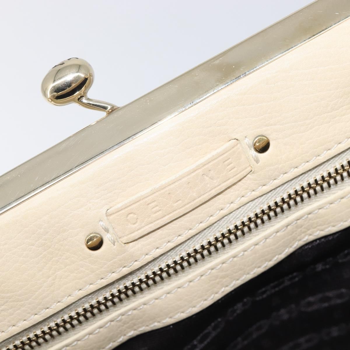 Celine Vintage Kisslock Frame Leather, Beige, Leather, Handbag
