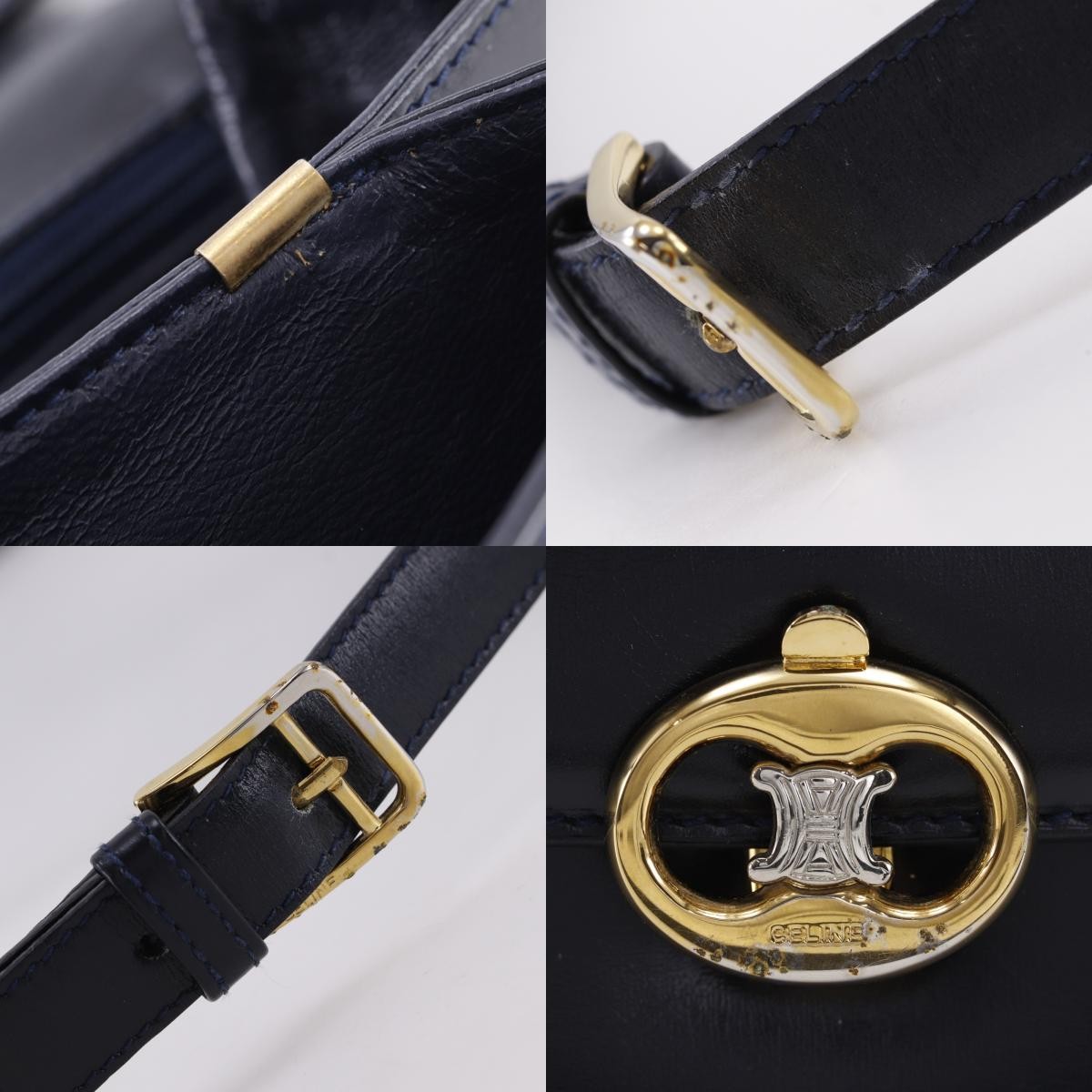 Celine Vintage Triomphe Flap Leather, Black, Calfskin, Shoulder Bag