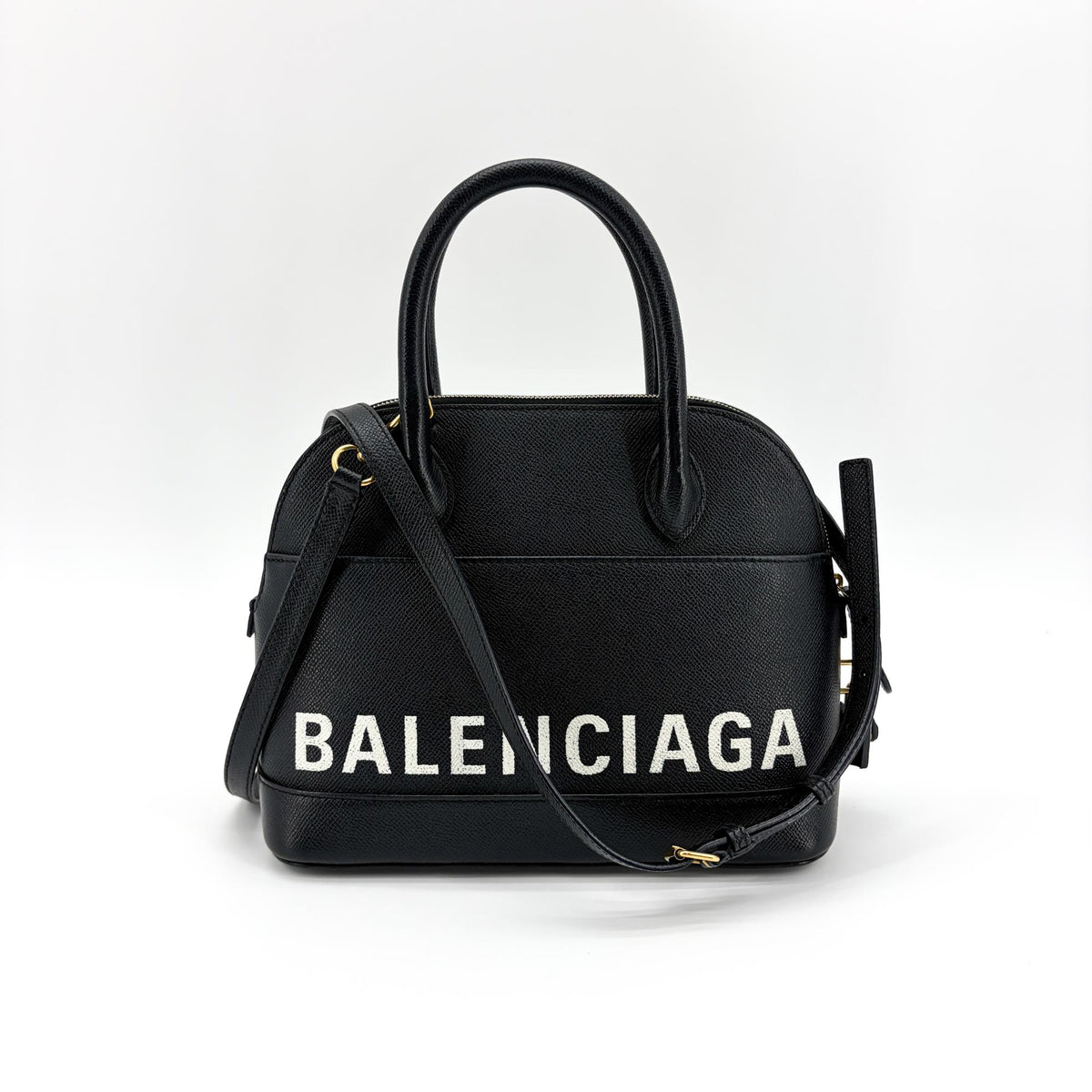 Balenciaga Logo Ville Leather, Black, Leather, Handbag