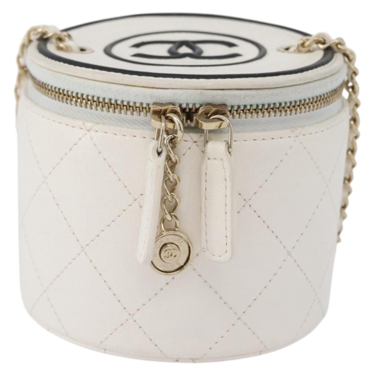 Chanel CC Round Vanity Case with Chain Quilted Lambskin, White, Leather, Clutch