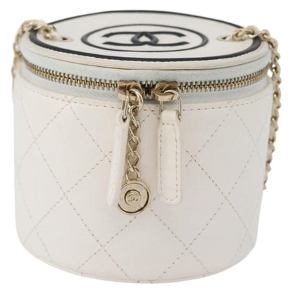 Chanel CC Round Vanity Case with Chain Quilted Lambskin, White, Leather, Clutch