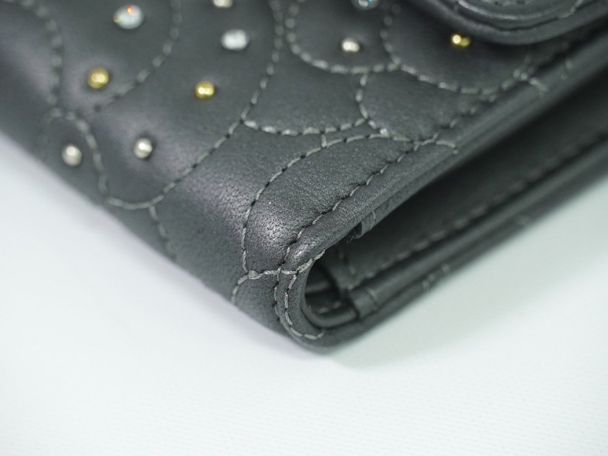 Chanel Camellia Flap Studded Camellia Lambskin, Gray, Leather, Wallet