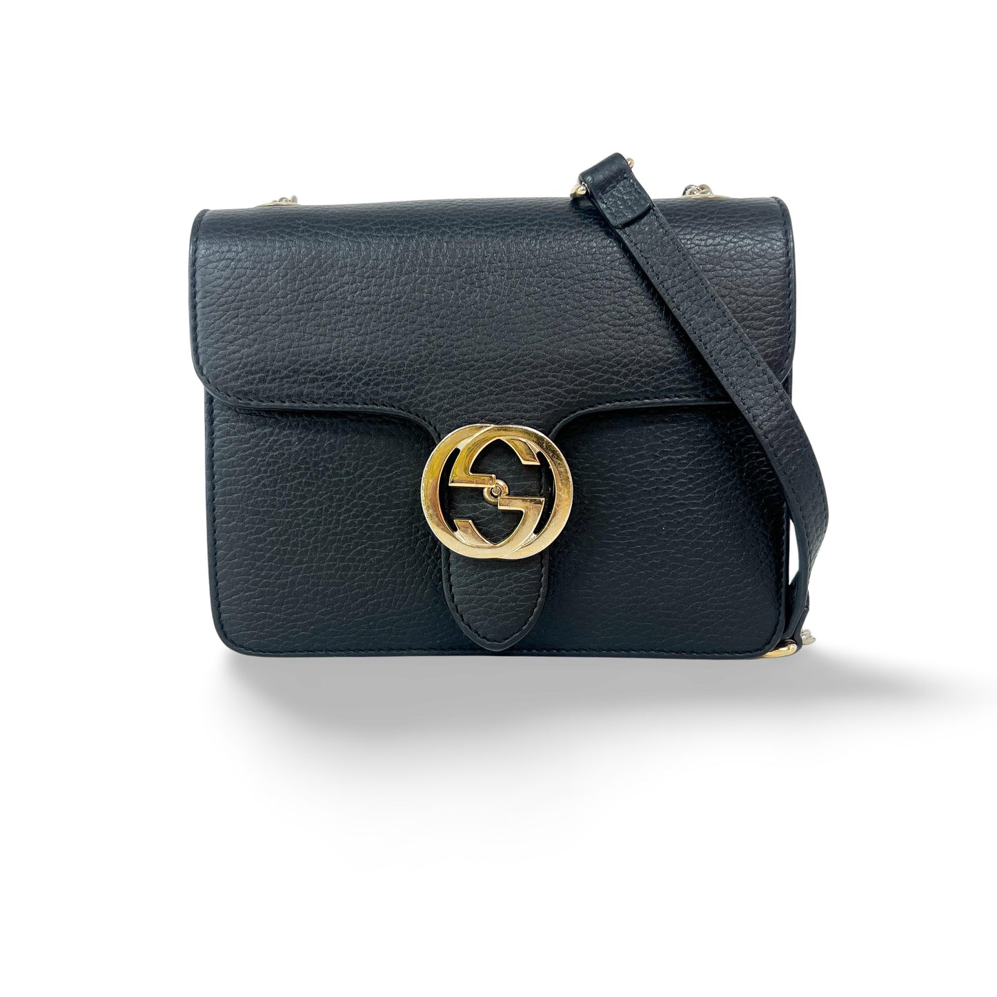 Gucci Interlocking Shoulder Bag Leather, Black, Leather, Handbag