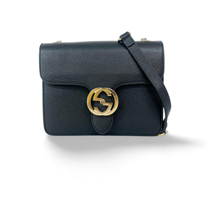Gucci Interlocking Shoulder Bag Leather, Black, Leather, Handbag