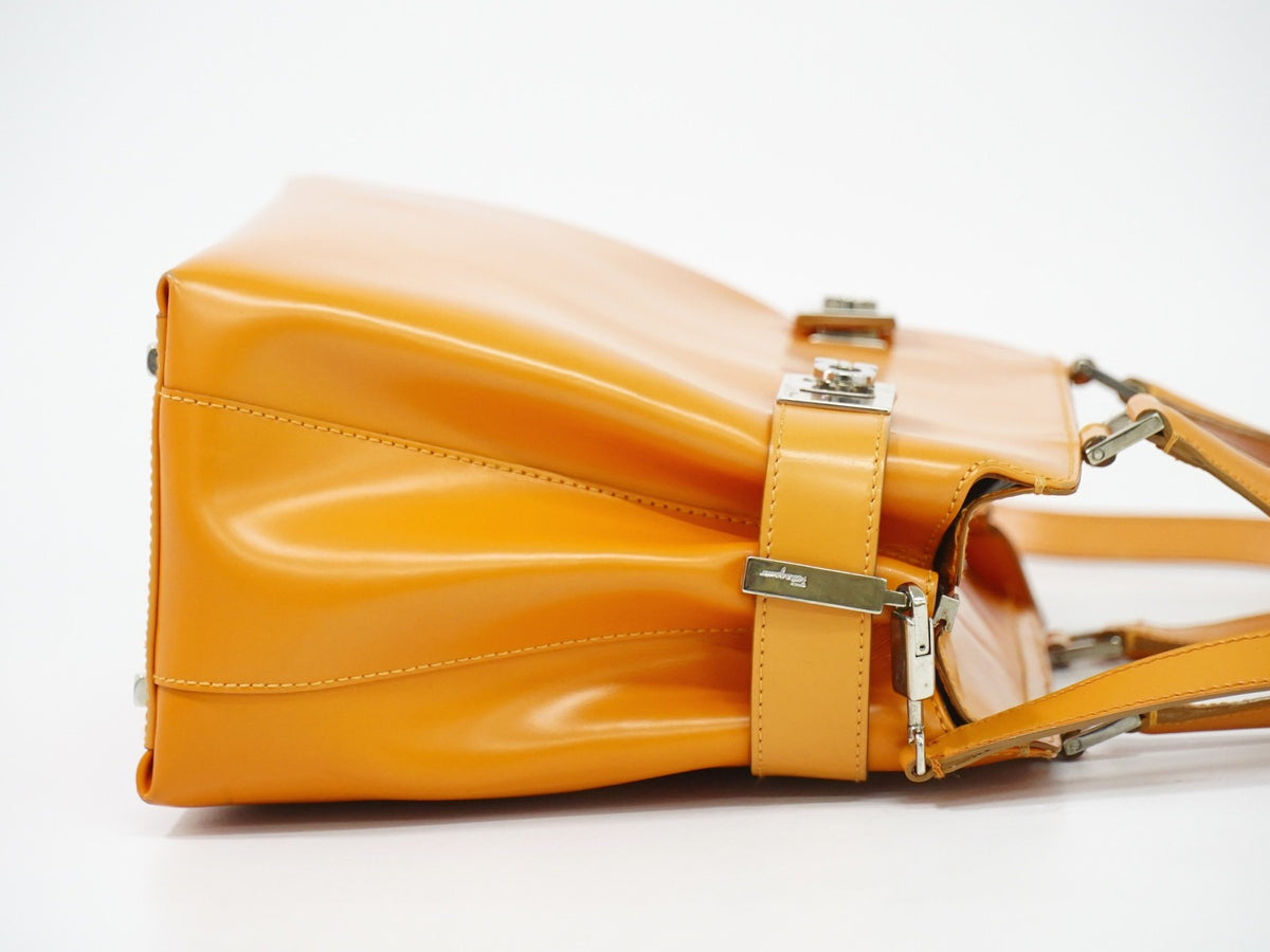 Salvatore Ferragamo Double Gancini Side Buckle Leather, Orange, Leather, Tote Bag