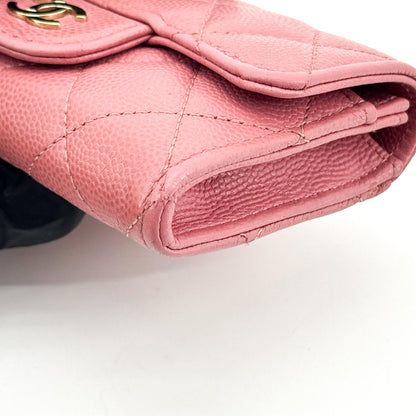 Chanel Classic Flap Card Case Quilted Caviar, Pink, Leather, Card Holder