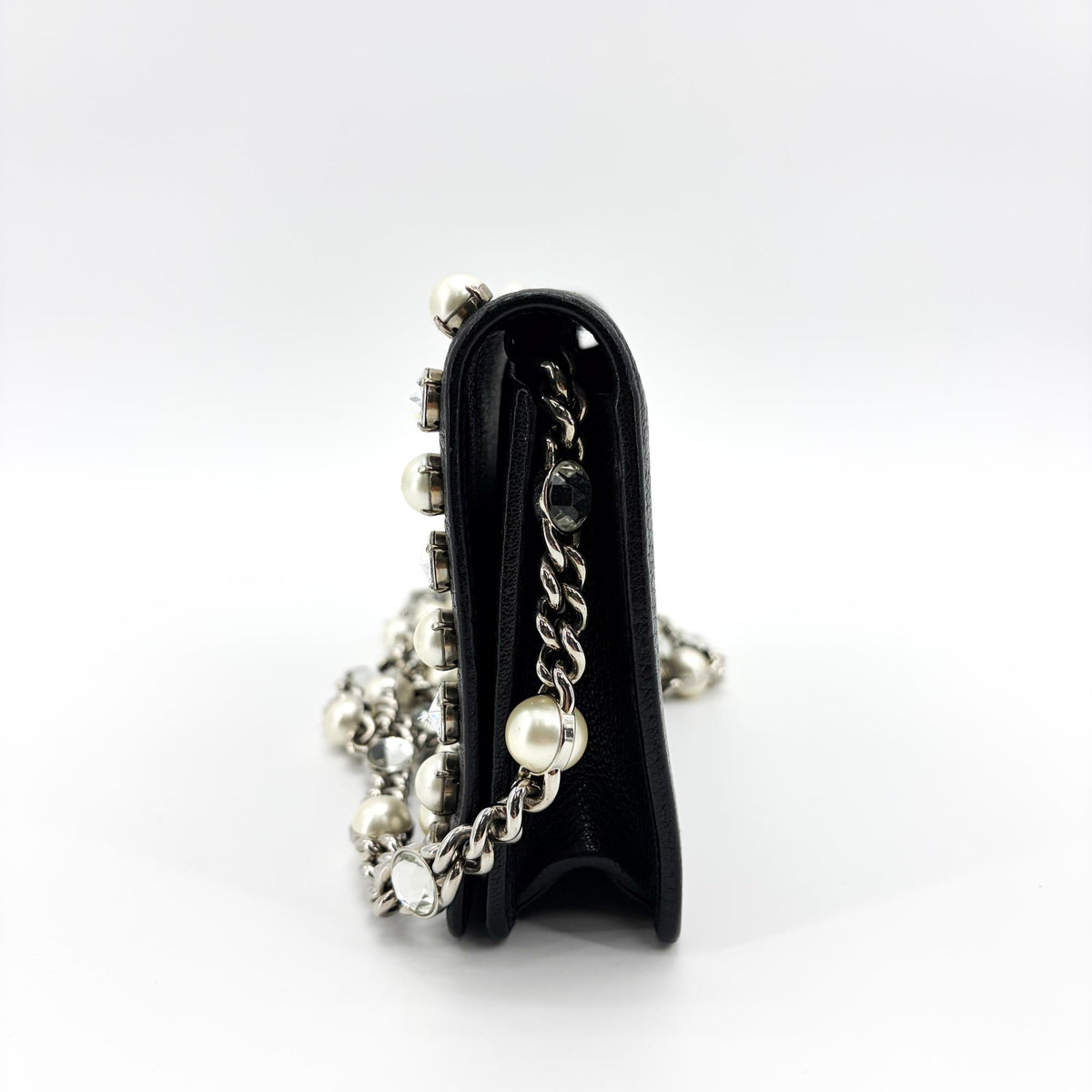 Miu Miu Crystal and Pearl Chain Clutch Embellished Leather, Black, Leather, Clutch
