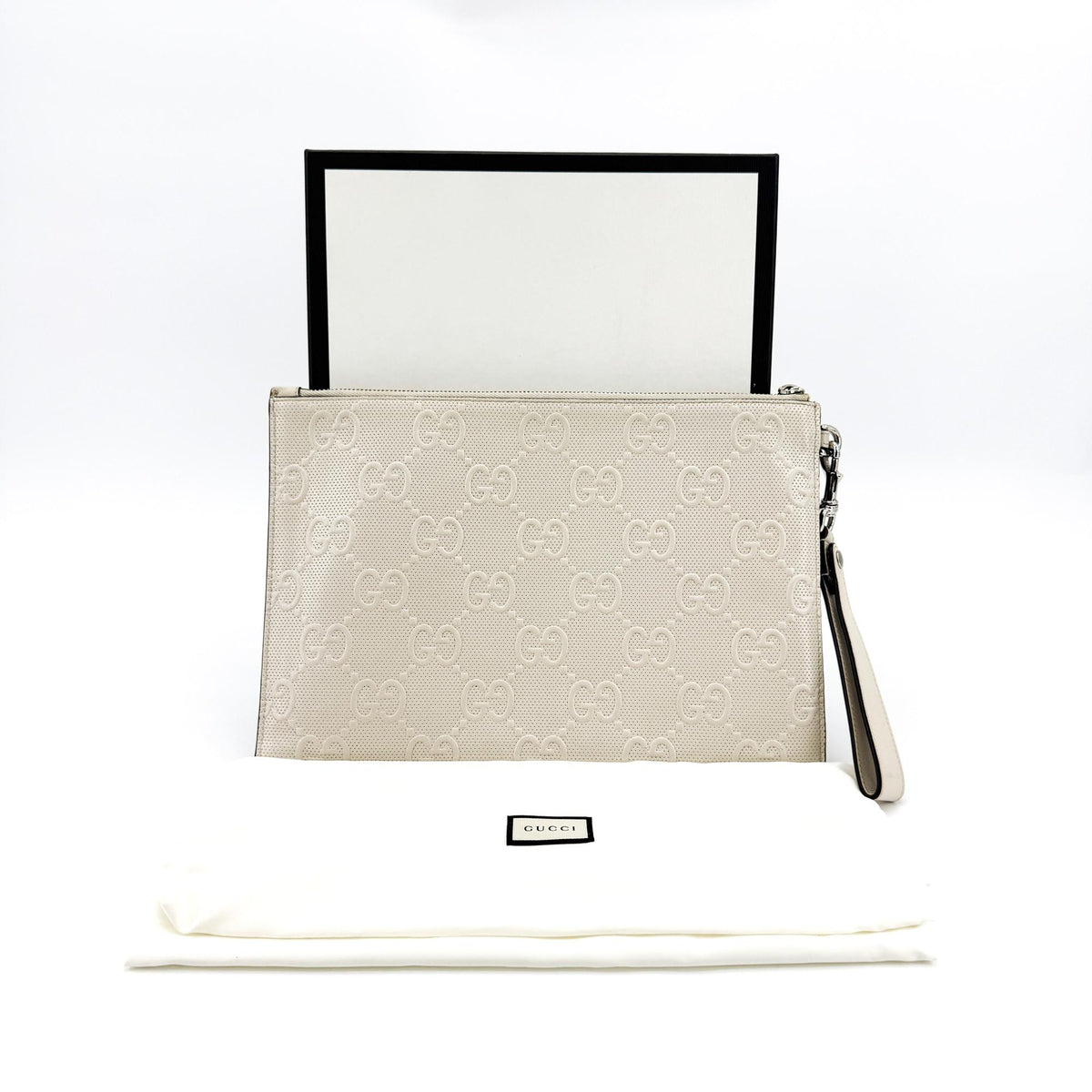 Gucci Wristlet GG Embossed Perforated Leather, White, Leather, Clutch