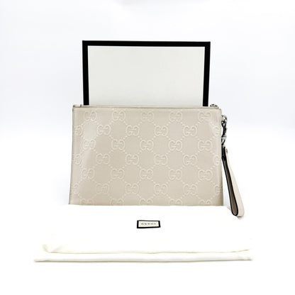 Gucci Wristlet GG Embossed Perforated Leather, White, Leather, Clutch