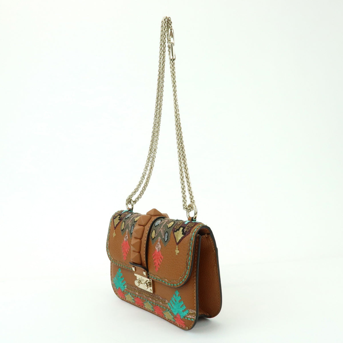 Valentino Garavani Glam Lock Leather, Brown, Leather, Shoulder Bag