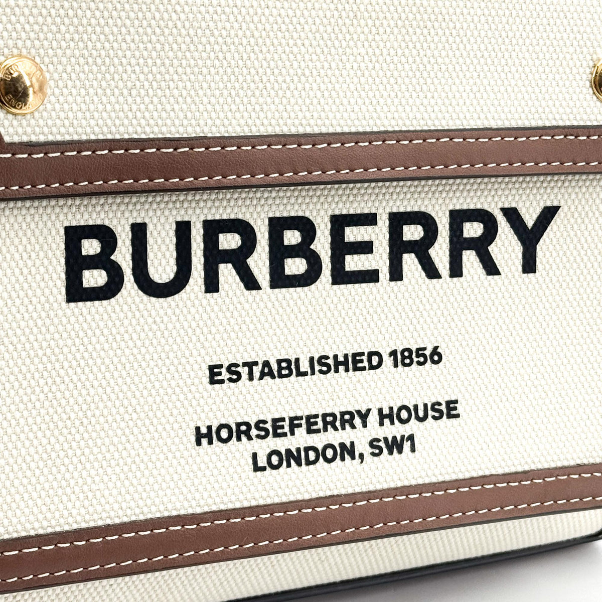 Burberry Logo Pocket Leather with Check Canvas, Brown, Canvas, Tote Bag