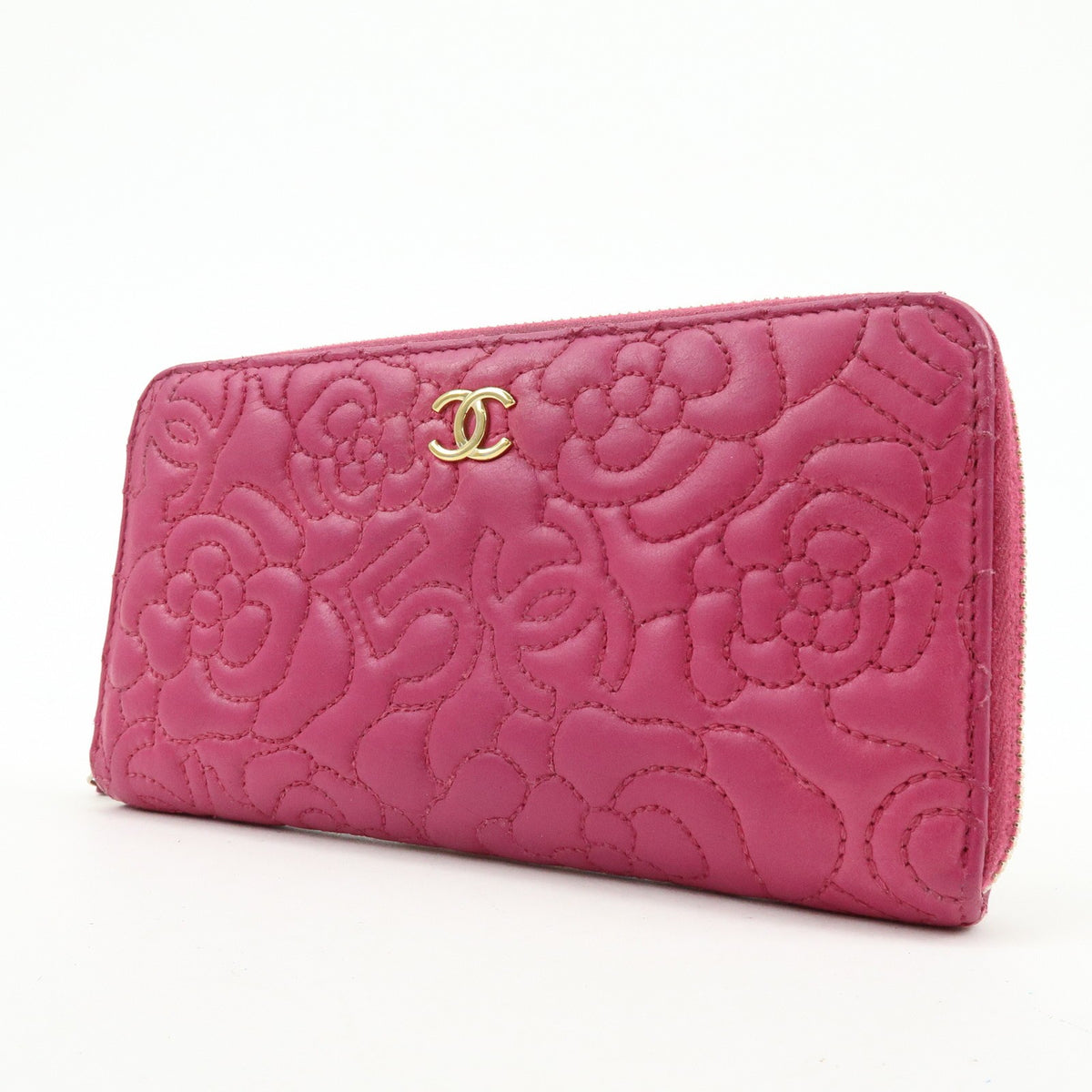 Chanel Zip Around Camellia Patent, Pink, Calfskin, Wallet