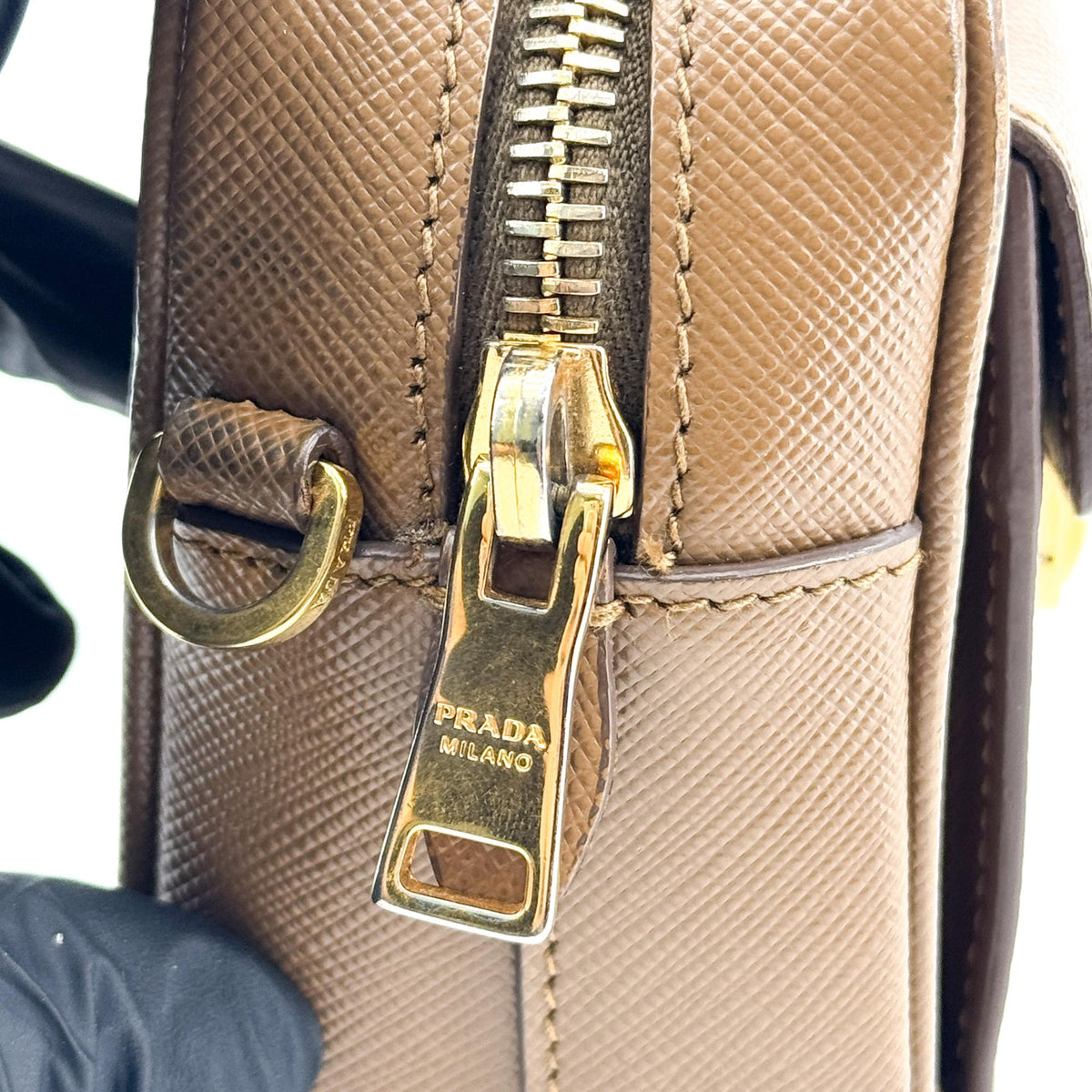 Prada Pushlock Pocket Camera Saffiano Leather, Brown, Leather, Handbag