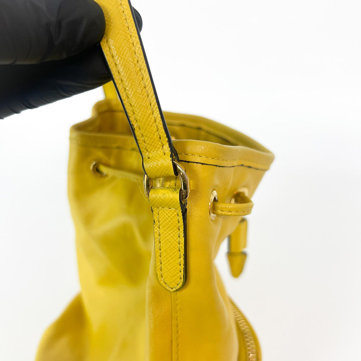 Prada Duet Drawstring Bucket Leather, Yellow, Leather, Handbag