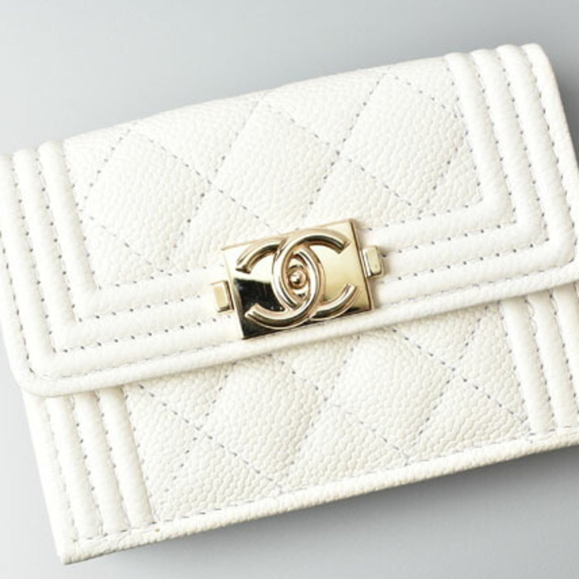 Chanel Boy, White, Leather, wallet