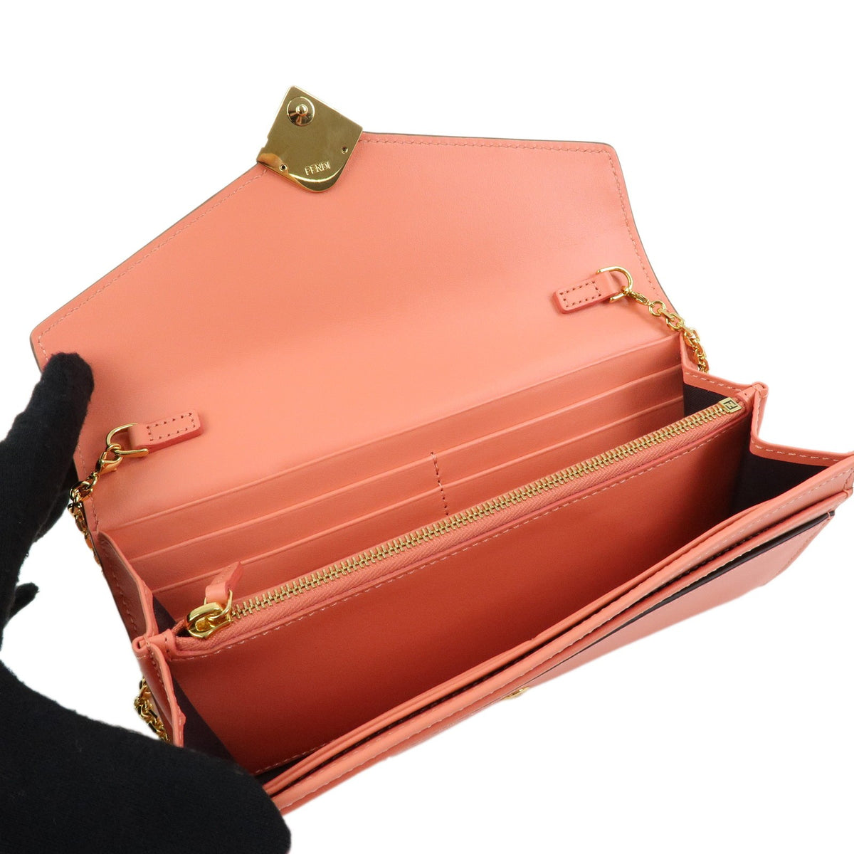 Fendi FF Diamonds Continental Chain Leather, Pink, Leather, Crossbody Bag