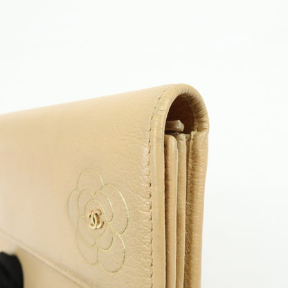 Chanel Camellia Flap Leather, Beige, Calfskin, Wallet