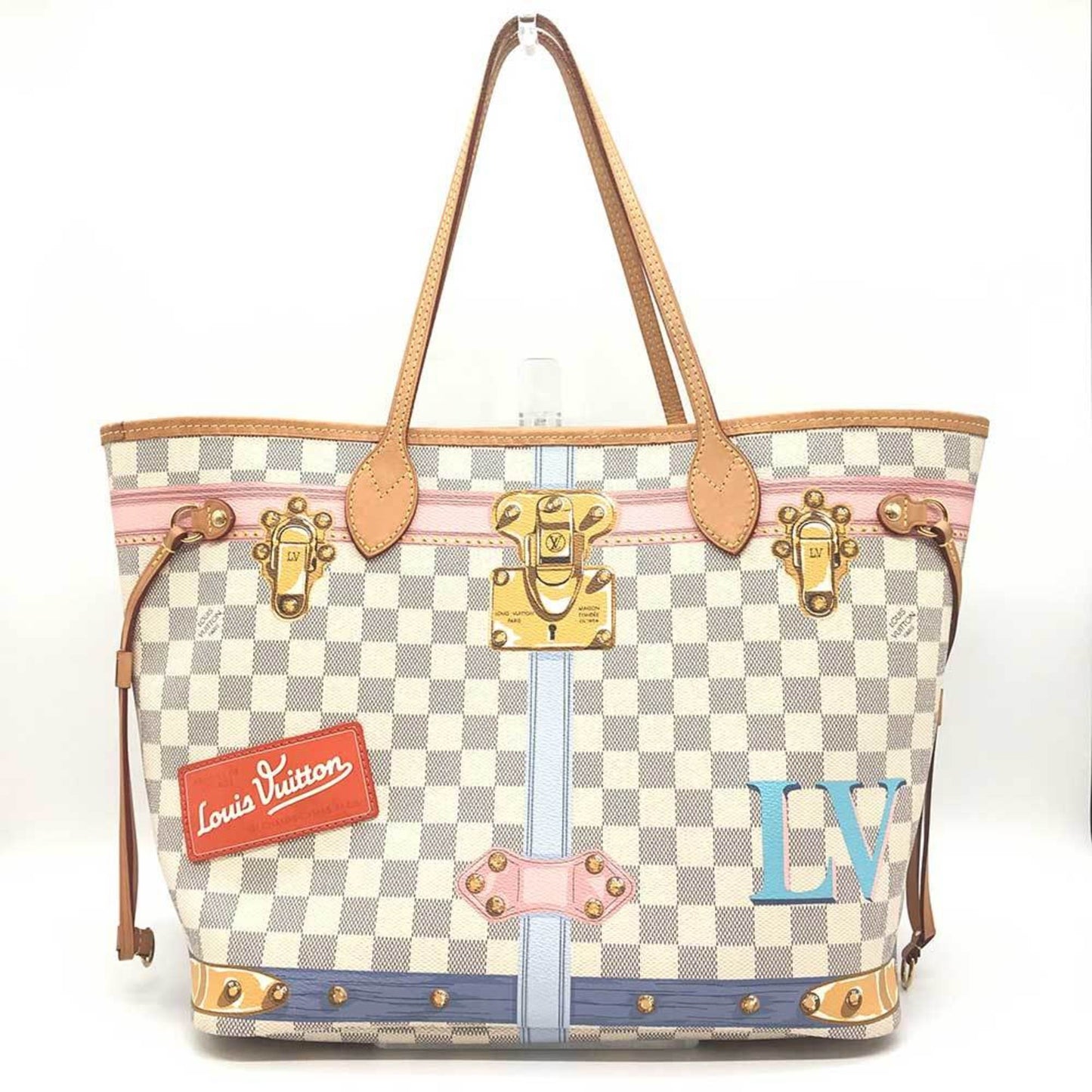 Louis Vuitton Neverfull MM, White, Canvas, tote