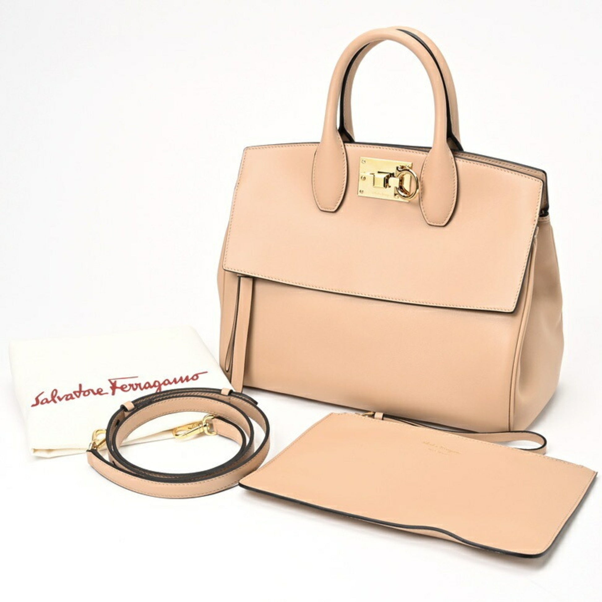 Salvatore Ferragamo Gancio, Beige, Leather, handbag