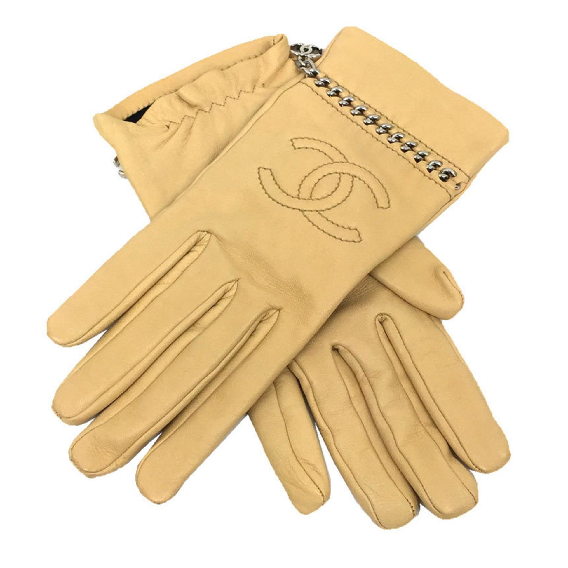Chanel Coco Mark, Beige, Leather, gloves
