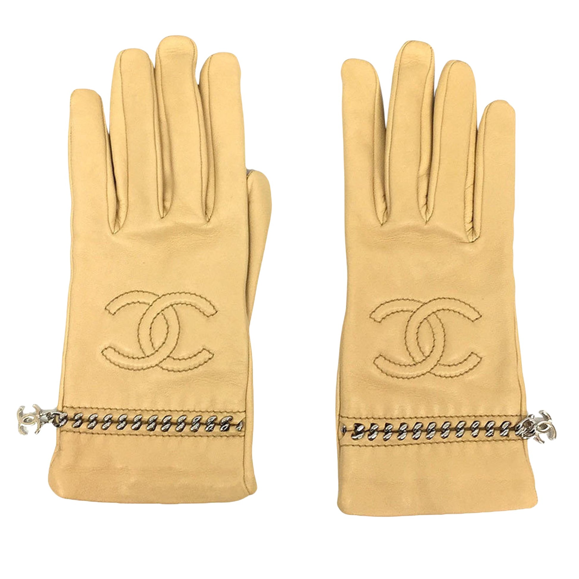 Chanel Coco Mark, Beige, Leather, gloves