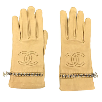 Chanel Coco Mark, Beige, Leather, gloves