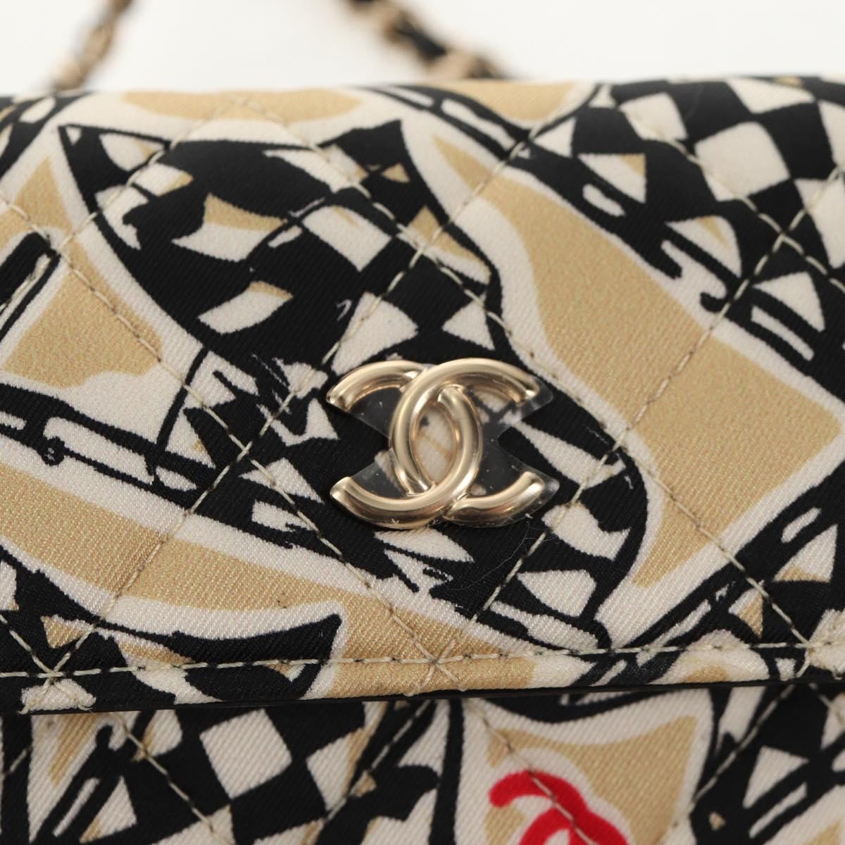 Chanel Flap Card Holder on Chain Quilted Printed Canvas, Beige, Satin, Shoulder Bag