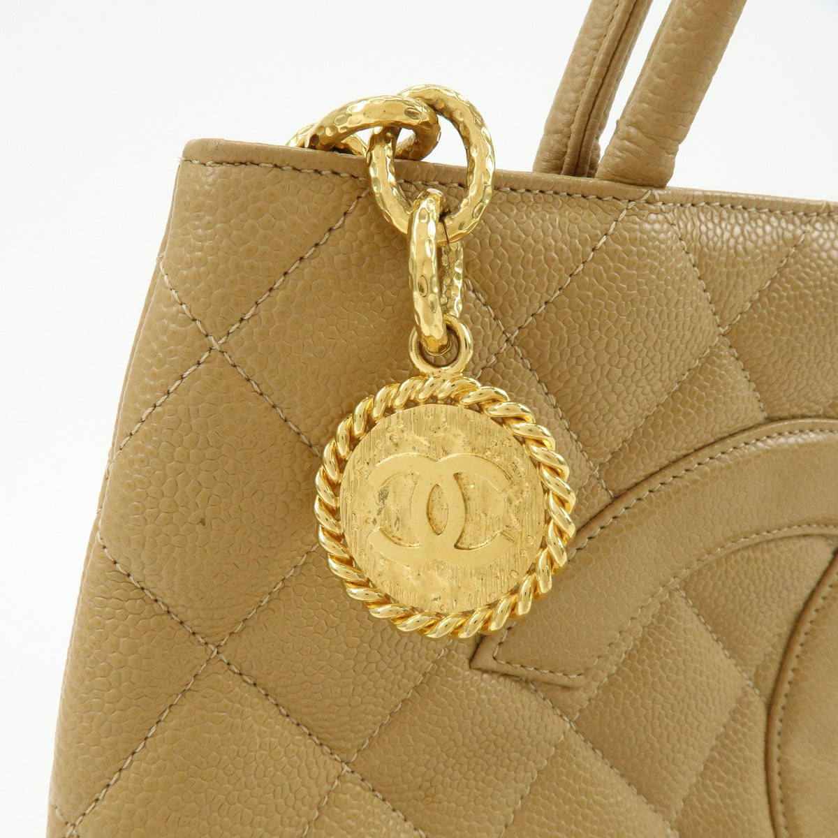 Chanel Medallion Quilted Lambskin, Beige, Calfskin, Tote Bag