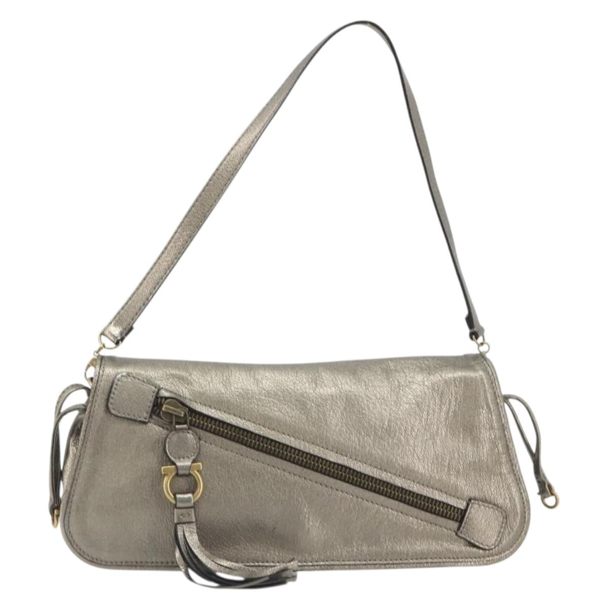 Salvatore Ferragamo Gancini Leather, Silver, Leather, Shoulder Bag