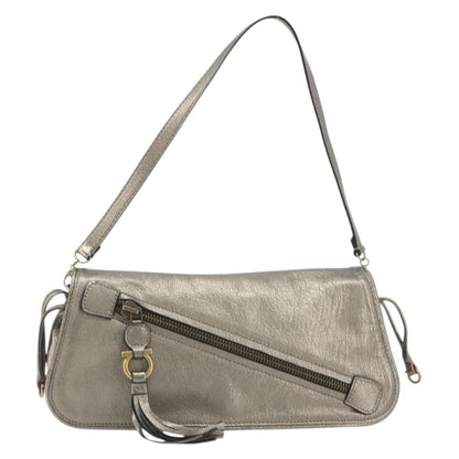 Salvatore Ferragamo Gancini Leather, Silver, Leather, Shoulder Bag