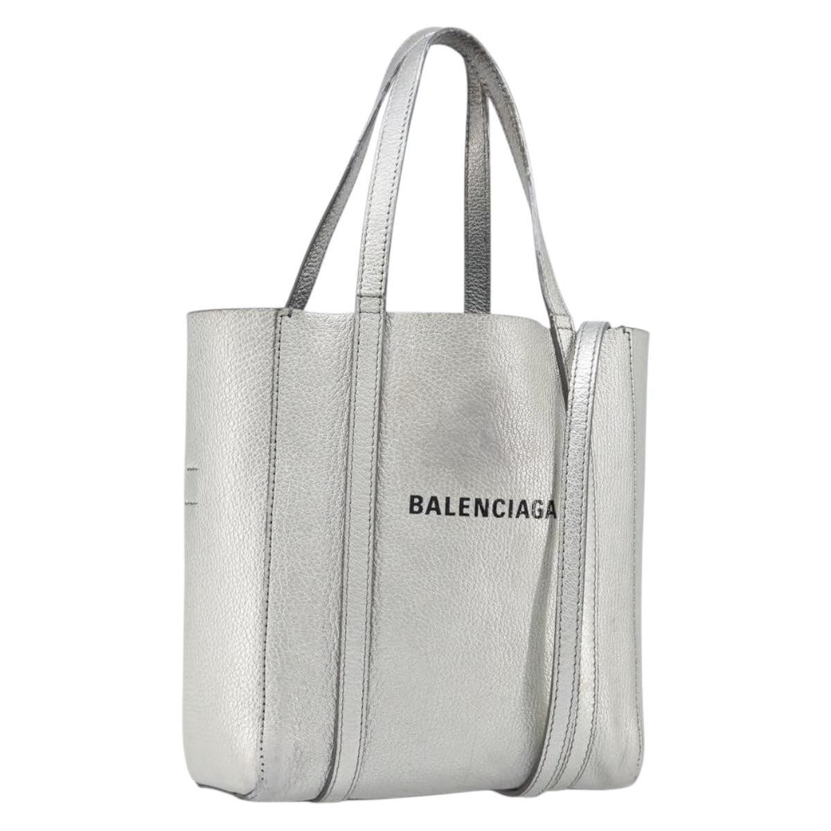 Balenciaga Everyday Glitter Leather, Silver, Leather, Tote Bag