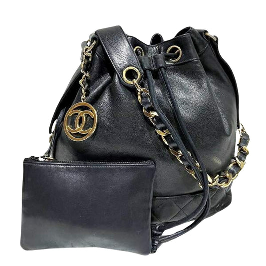 Chanel Drawstring, Black, Leather, shoulder