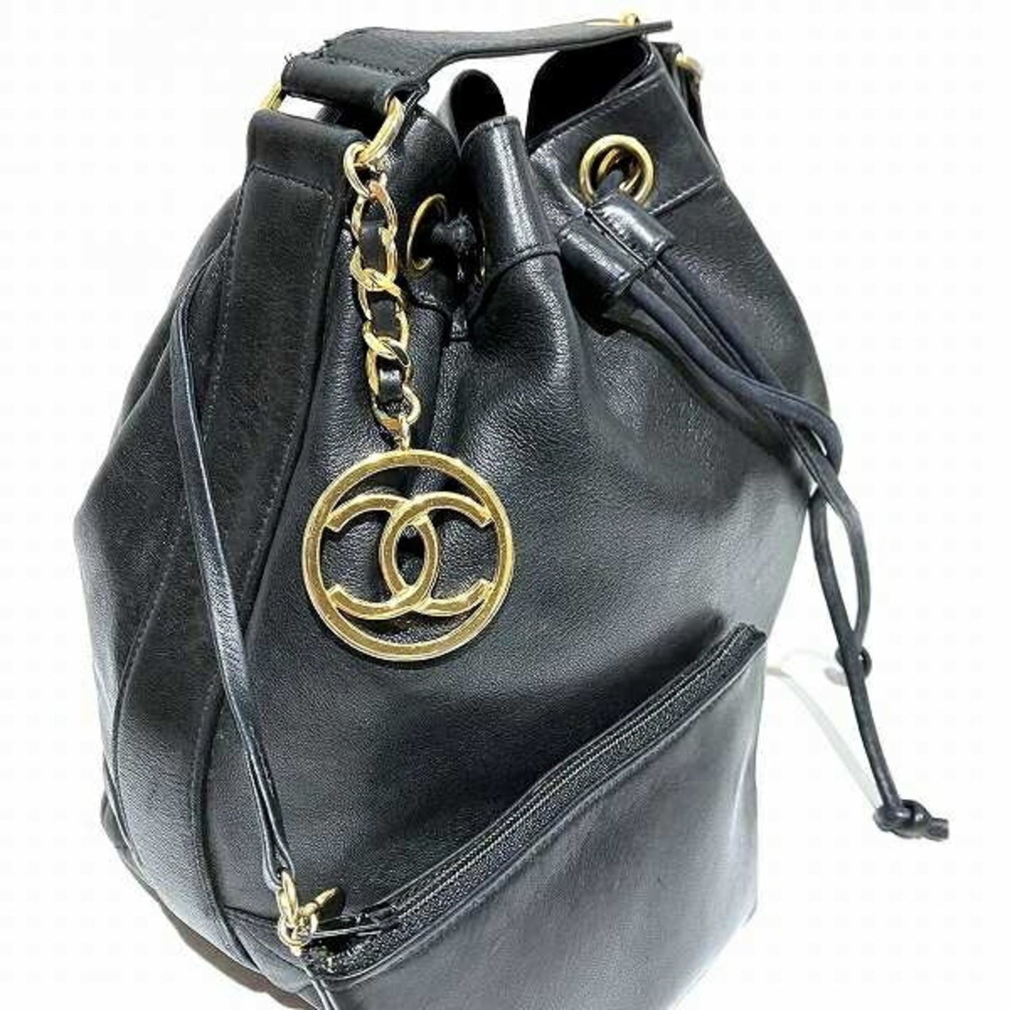 Chanel Drawstring, Black, Leather, shoulder