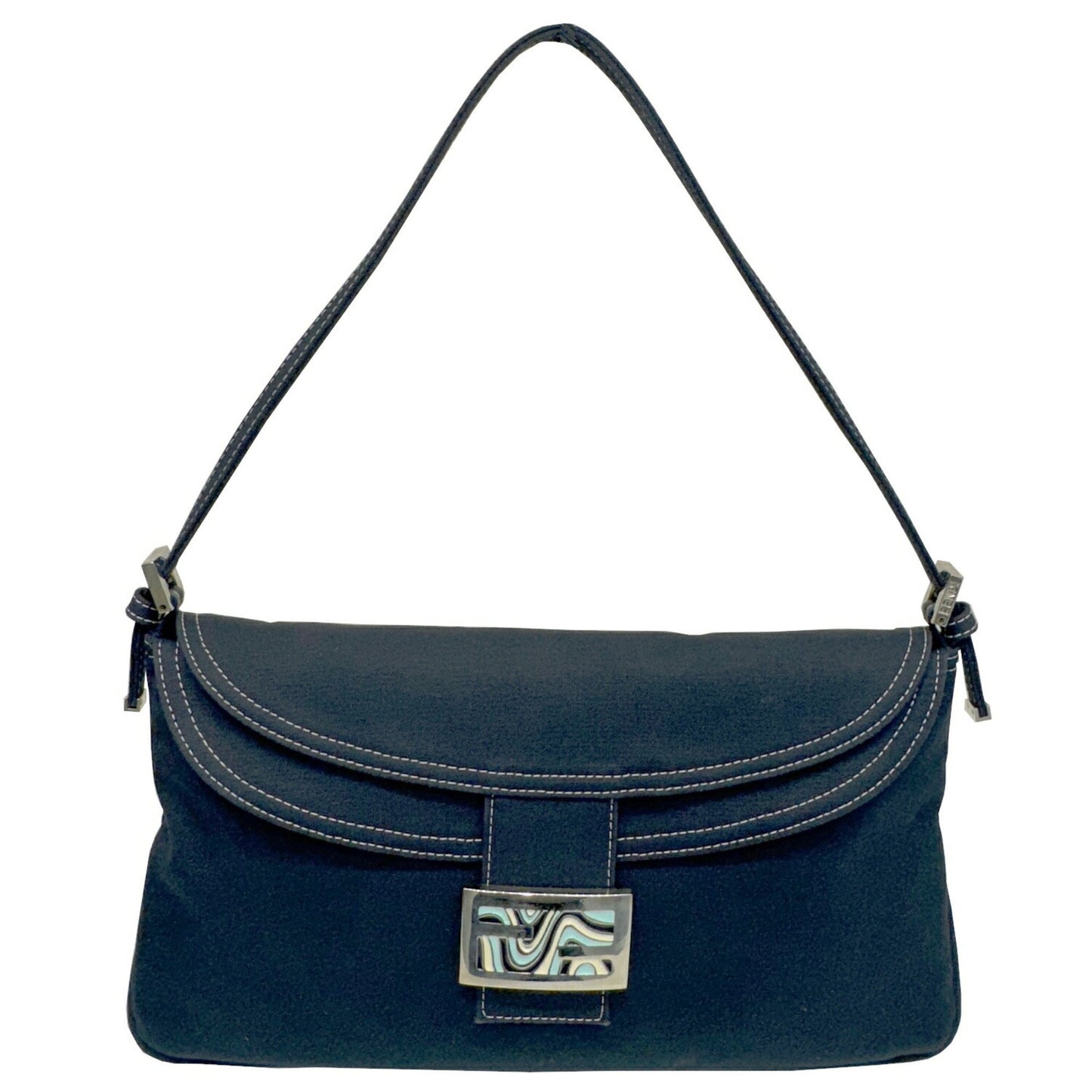 Fendi Mamma Baguette, Blue, Cotton, shoulder