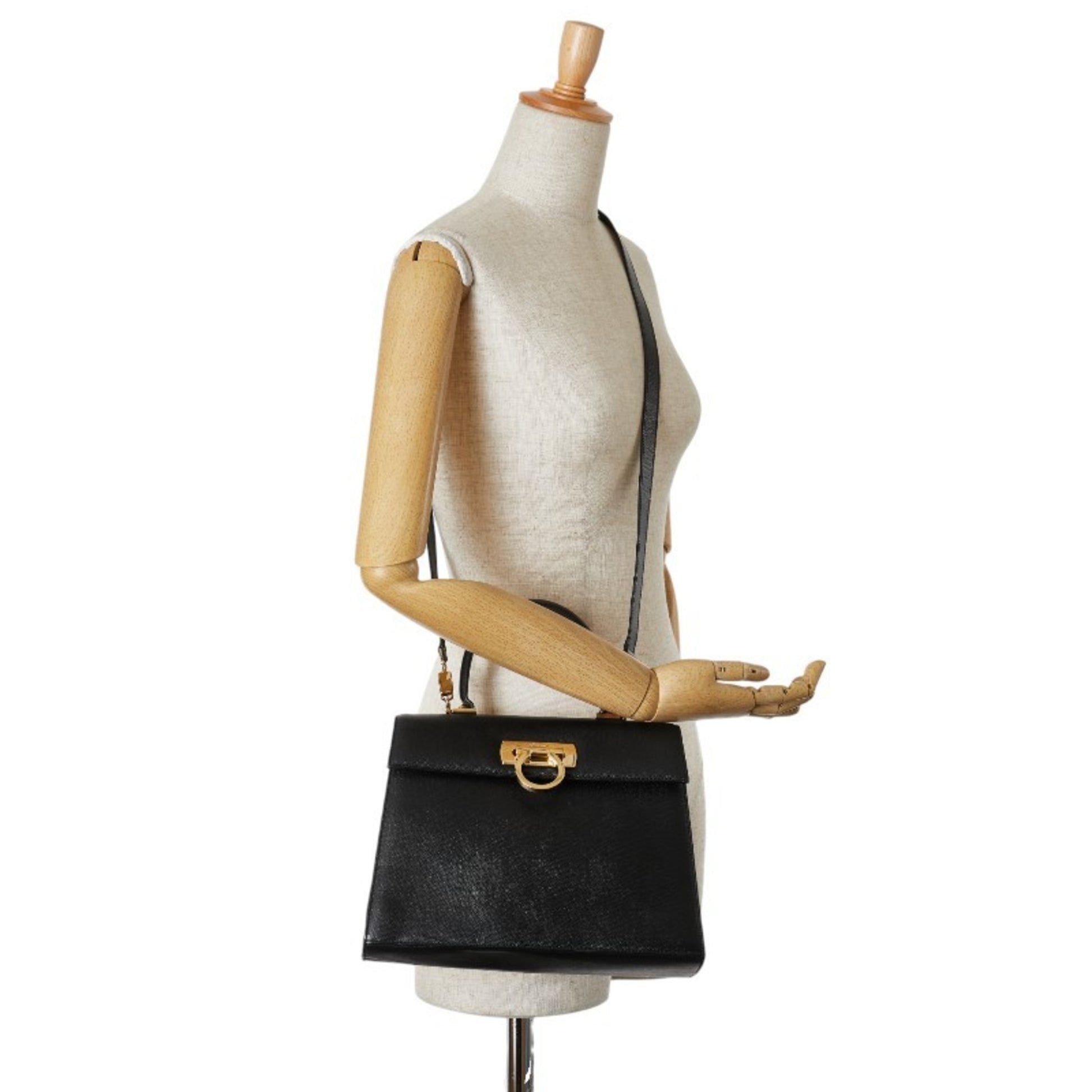 Salvatore Ferragamo Gancini, Black, Leather, handbag