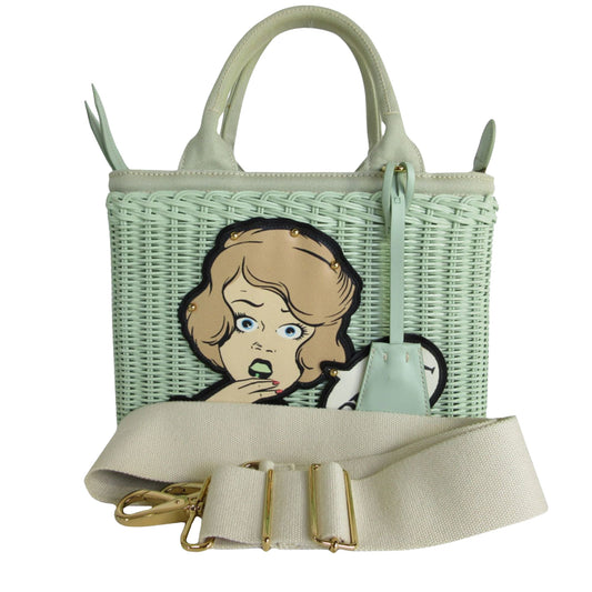 Prada Midollino, Green, Canvas, handbag
