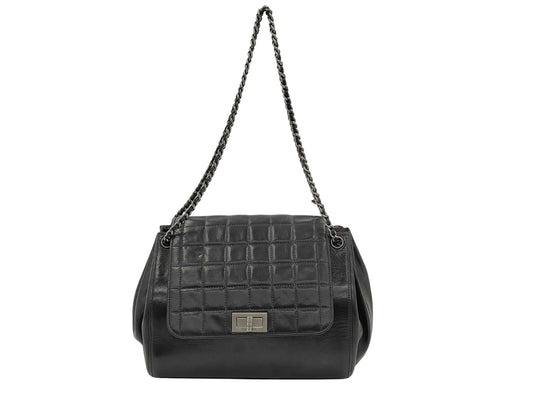 Chanel Chocolate Bar Accordion Reissue Flap Bag Quilted Lambskin with Patent, BLACK, LEATHER, Shoulder bag