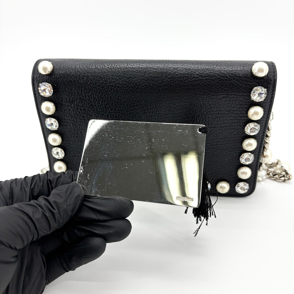 Miu Miu Crystal and Pearl Chain Clutch Embellished Leather, Black, Leather, Clutch