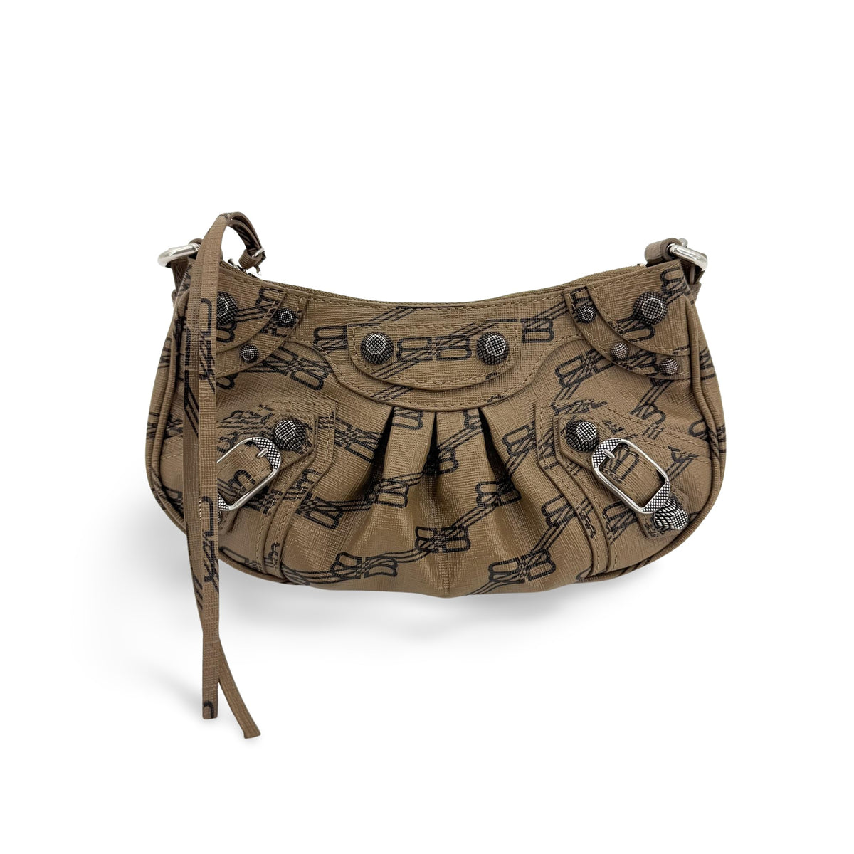 Balenciaga Le Cagole Giant Studs BB Monogram Coated Canvas, Brown, Calfskin, Shoulder Bag