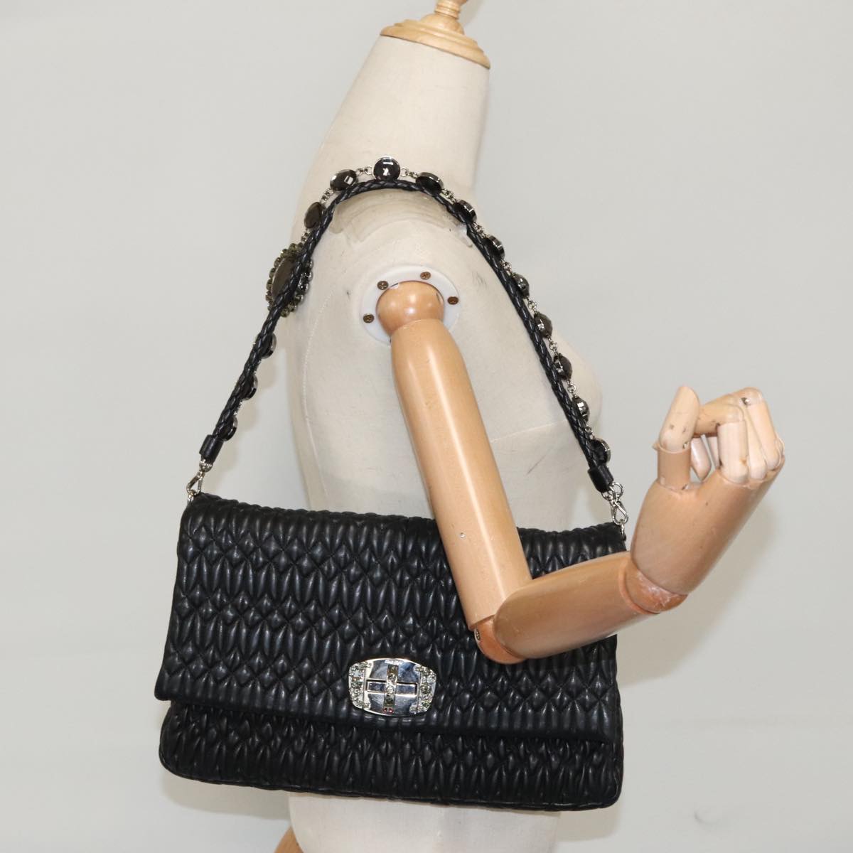 Miu Miu Crystal, Black, Leather, shoulder